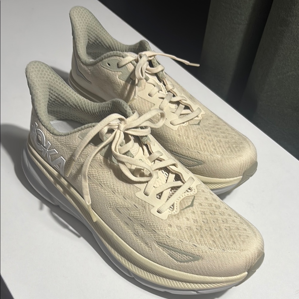 Hoka Clifton 9 Beige Athletic Sneakers